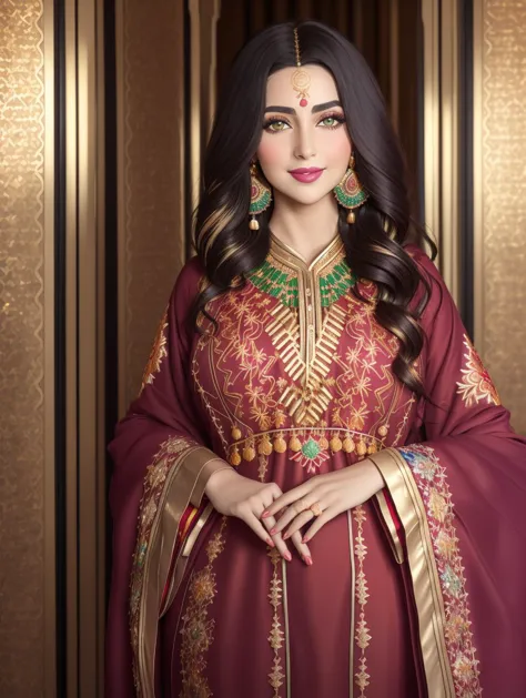 Masterpiece, 4K, woman wearing a Moroccan caftan,(Beautiful dark haired woman:1.2),(Moroccan style:1.2), (full body focus:1.1), portrait, high quality art, high resolution, high definition, face close up, green eyes, puffy lips, smiling, surprised, blushing, lipstick, beautiful eyes, smooth skin, pretty woman,  golden earrings,  <lora:Moroccan_Caftan:0.6>,( red and golden caftan, multicolor embroidery:1.4)