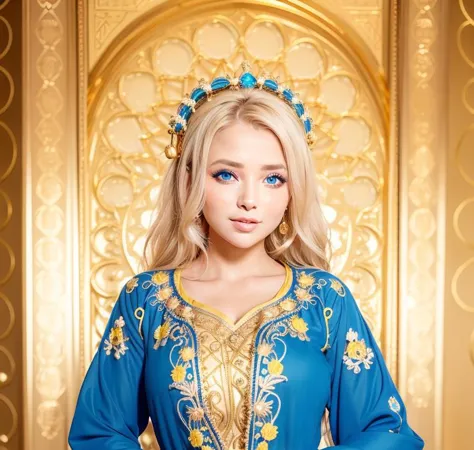 a close up of a woman in a blue dress with a gold trim