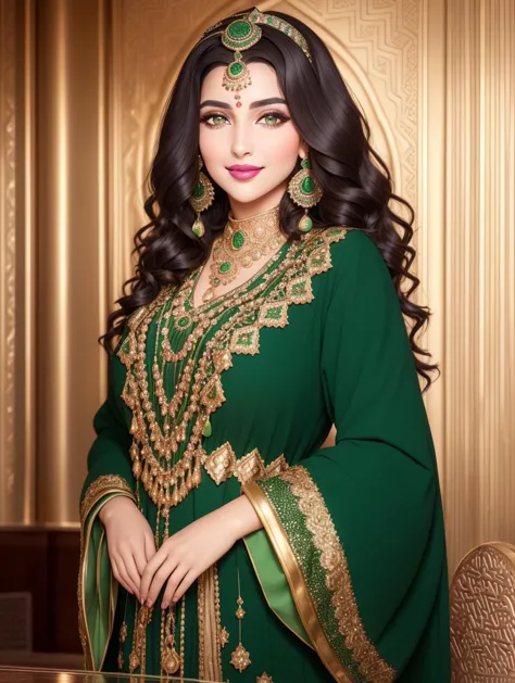 a woman in a green and gold outfit posing for a picture