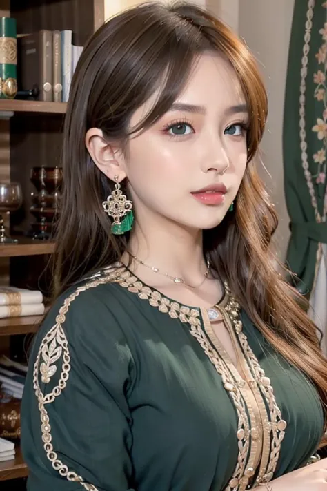 a close up of a woman wearing a green dress and earrings