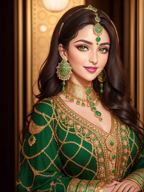 Masterpiece, 4K, woman wearing a Moroccan caftan,(Beautiful dark haired woman:1.2),(Moroccan style:1.2), (full body focus:1.1), portrait, high quality art, high resolution, high definition, face close up, green eyes, puffy lips, smiling, surprised, blushing, lipstick, beautiful eyes, smooth skin, pretty woman,  golden earrings,  <lora:Moroccan_Caftan:0.6>