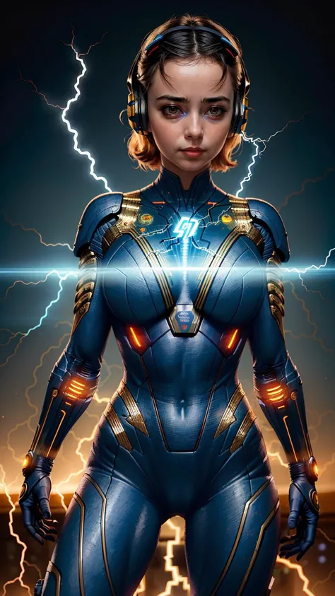 masterpiece, best quality,  1girl, science fiction, power suit,  electricity, electrical discharge, circuit board, shockwave,  e...