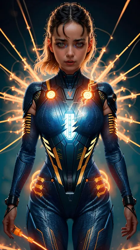 masterpiece, best quality,  1girl, science fiction, power suit,  electricity, electrical discharge, circuit board, shockwave,  e...