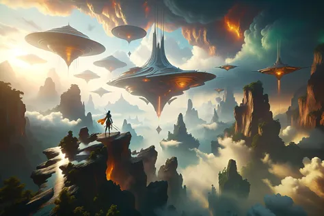 obra de arte famosa de (transistor:1.1) y (viaje al planeta salvaje:1.2) y (jessica rossier:1.2) y (Carl Critchlow:1.1), óleo sobre lienzo, una flota de misteriosas aeronaves que navegan por la atmósfera superior de un planeta distante, lyscape inspired by james cameron's movie avatar, Navegando entre (imponentes formaciones de nubes:1.1) y floating islys, Hay dirigibles de diseño antiguo con velas ondulantes, así como aeronaves futuristas con sistemas de propulsión avanzados., dirigibles volando en formación, dirigibles saliendo (senderos de niebla:1.1), floating islys covered in lush vegetation, escena dramática, iluminación moteada, crepuscular rays, iluminación volumétrica, pictórico, ultra detallado, En general_detalle-xl-por_caleidia 