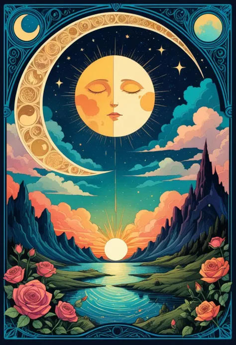 Tarot card wit art deco style frame, an ink drawing, a digital painting of The Sun, a bright white crescent moon with sad face over a clear dark blue sky, crescent moon with sad face, decorative rose flowers || best quality, double exposure, vintage triadic colors, realistic artstyle, stylized urban fantasy artwork, stunning digital illustration, stylized urban fantasy artwork, beautiful digital illustration, mysterious and detailed image, in the style of Craola, Dan Mumford, Andy Kehoe, 2d, flat, vintage, cracked paper art, patchwork, detailed storybook illustration, cinematic, ultra highly detailed, mystical, luminism, vibrant colors, complex background, tarot card, comic book, on parchment, best quality, double exposure, vintage triadic colors, (tarot card:1.2), realistic artstyle, stylized urban fantasy artwork, stunning digital illustration, stylized urban fantasy artwork, beautiful digital illustration, mysterious and detailed image, in the style of Craola, Dan Mumford, Andy Kehoe, 3d, detailed storybook illustration, cinematic, ultra highly detailed, mystical, luminism, vibrant colors, complex background,tarot card,comic book, OverallDetailXL