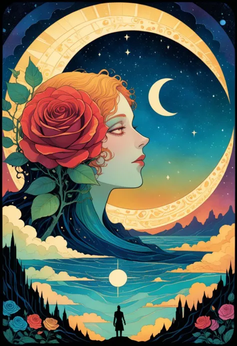 Tarotkarte mit Rahmen im Art-Deco-Stil, eine Tuschezeichnung, ein digitales Gemälde der Sonne, a bright white Halbmond mit traurigem Gesicht over a clear dark blue sky, Halbmond mit traurigem Gesicht, dekorative Rosenblüten || beste Qualität, Doppelgefährdung, Jahrgang triadic colors, realistischer Kunststil, stilisiertes Urban-Fantasy-Kunstwerk, atemberaubende digitale Illustration, stilisiertes Urban-Fantasy-Kunstwerk, schöne digitale Illustration, geheimnisvolles und detailliertes Bild, im Stil von Craola, Dan Mumford, Andy Kehoe, 2d, Wohnung, Jahrgang, rissige Papierkunst, Patchwork, Detaillierte Bilderbuchillustration, filmisch, extrem detailreich, mystisch, Luminismus, leuchtende Farben, komplexer Hintergrund, Tarotkarte, Comic-Buch, auf Pergament, beste Qualität, Doppelgefährdung, Jahrgang triadic colors, (Tarotkarte:1.2), realistischer Kunststil, stilisiertes Urban-Fantasy-Kunstwerk, atemberaubende digitale Illustration, stilisiertes Urban-Fantasy-Kunstwerk, schöne digitale Illustration, geheimnisvolles und detailliertes Bild, im Stil von Craola, Dan Mumford, Andy Kehoe, 3D, Detaillierte Bilderbuchillustration, filmisch, extrem detailreich, mystisch, Luminismus, leuchtende Farben, komplexer Hintergrund,Tarotkarte,Comic-Buch, OverallDetailXL