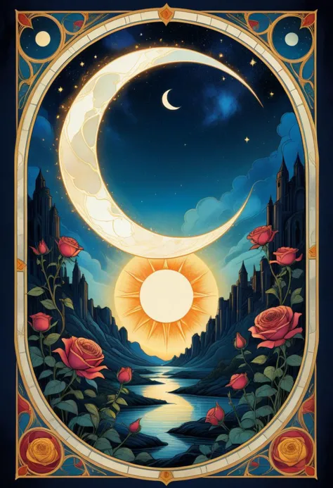 TAROT CARD with metal frame border, || Tarot card wit art deco style frame, an ink drawing, a digital painting of The Sun, a bright white crescent moon with sad face over a clear dark blue sky, crescent moon with sad face, decorative rose flowers || best quality, double exposure, vintage triadic colors, realistic artstyle, stylized urban fantasy artwork, stunning digital illustration, stylized urban fantasy artwork, beautiful digital illustration, mysterious and detailed image, in the style of Craola, Dan Mumford, Andy Kehoe, 2d, flat, vintage, cracked paper art, patchwork, detailed storybook illustration, cinematic, ultra highly detailed, mystical, luminism, vibrant colors, complex background, tarot card, comic book, on parchment, best quality, double exposure, vintage triadic colors, (tarot card:1.2), realistic artstyle, stylized urban fantasy artwork, stunning digital illustration, stylized urban fantasy artwork, beautiful digital illustration, mysterious and detailed image, in the style of Craola, Dan Mumford, Andy Kehoe, 3d, detailed storybook illustration, cinematic, ultra highly detailed, mystical, luminism, vibrant colors, complex background,tarot card,comic book, OverallDetailXL