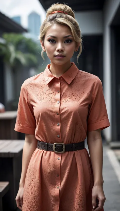 malaysian woman with dirty blonde chignon hairstyle, wearing a coral coloured eyelet printed belted shirt dress, embedding:Overa...