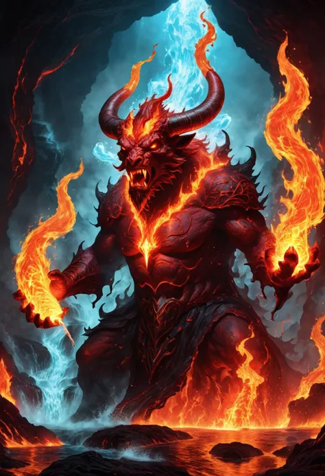 ferrous fire breathing, ghoulish, ghastly horned red elemental in a hellish fiery lava filled environment. decimating everything...