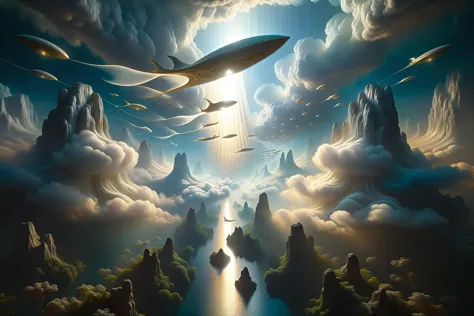 there is a painting of a plane flying over a mountain range