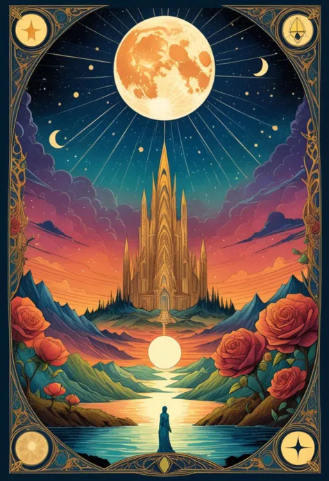 Tarotkarte mit Rahmen im Art-Deco-Stil, eine Tuschezeichnung, ein digitales Gemälde der Sonne, a bright white Halbmond mit traurigem Gesicht over a clear dark blue sky, Halbmond mit traurigem Gesicht, dekorative Rosenblüten || beste Qualität, Doppelgefährdung, Jahrgang triadic colors, realistischer Kunststil, stilisiertes Urban-Fantasy-Kunstwerk, atemberaubende digitale Illustration, stilisiertes Urban-Fantasy-Kunstwerk, schöne digitale Illustration, geheimnisvolles und detailliertes Bild, im Stil von Craola, Dan Mumford, Andy Kehoe, 2d, Wohnung, Jahrgang, rissige Papierkunst, Patchwork, Detaillierte Bilderbuchillustration, filmisch, extrem detailreich, mystisch, Luminismus, leuchtende Farben, komplexer Hintergrund, Tarotkarte, Comic-Buch, auf Pergament, beste Qualität, Doppelgefährdung, Jahrgang triadic colors, (Tarotkarte:1.2), realistischer Kunststil, stilisiertes Urban-Fantasy-Kunstwerk, atemberaubende digitale Illustration, stilisiertes Urban-Fantasy-Kunstwerk, schöne digitale Illustration, geheimnisvolles und detailliertes Bild, im Stil von Craola, Dan Mumford, Andy Kehoe, 3D, Detaillierte Bilderbuchillustration, filmisch, extrem detailreich, mystisch, Luminismus, leuchtende Farben, komplexer Hintergrund,Tarotkarte,Comic-Buch, OverallDetailXL