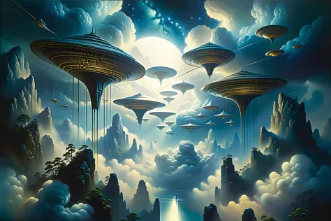 painting of a group of flying saucers in the sky above a mountain