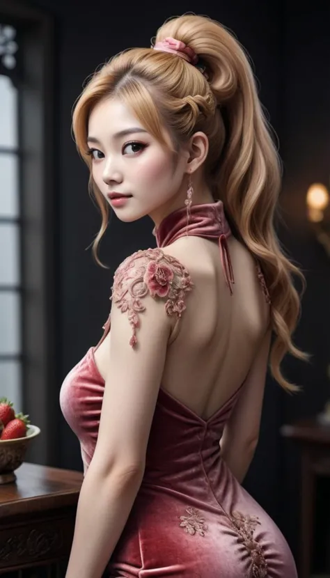 chinese woman with strawberry blonde high ponytail hairstyle, wearing a rose coloured velvet mermaid dress, embedding:OverallDet...