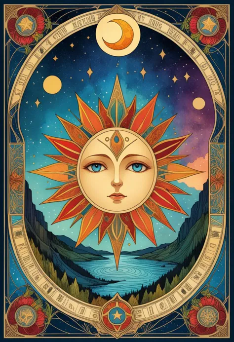Tarot card wit art deco style frame, an ink drawing, a digital painting of The Sun, a bright white crescent moon with sad face o...