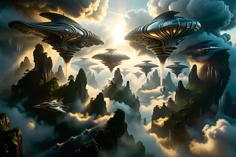 famosa obra de arte inspirada en (H. r. giger:1.1), ultra detallado, óleo sobre lienzo, a fleet of eccentric skysHips sailing tHrougH tHe atmospHere of a distant planet, Navegando entre (imponentes formaciones de nubes:1.2) y (floating islys:1.3), tHere are airsHips of ancient design witH billowing sails as well as futuristic skysHips witH advanced propulsion systems, some airsHips are flying in formation, some airsHips' engines are leaving (senderos de niebla:1.3), tHe floating islys are covered in lusH y tropical vegetation, escena dramática, dappled ligHting, crepuscular rays, volumetric ligHting, niebla volumétrica, escénico, ovg, En general_detalle-xl-por_caleidia 