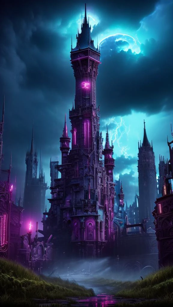 Neon noir, 
Gothic style, 
Masterwork Painting, Magnum Opus, 
 witow, castle, cloud, cloudy sky, grass, no humans, scenery, sky, tower, tree, 
fanmou, footprints, forest, grass, nature, no humans, outdoors, sky ,
  highres, 8k, uhd, High Dynamic Range, tonemapping, crisp details,  intricate details, fine details,
. Dark, mysterious, haunting, dramatic, ornate, detailed,
. Cyberpunk, dark, rainy streets, neon signs, high contrast, low light, vibrant, highly detailed