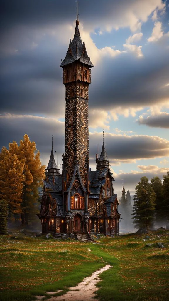 Tribal style, 
Gothic style, 
Masterwork Painting, Magnum Opus, 
 witow, castle, cloud, cloudy sky, grass, no humans, scenery, sky, tower, tree, 
fanmou, footprints, forest, grass, nature, no humans, outdoors, sky ,
  highres, 8k, uhd, High Dynamic Range, tonemapping, crisp details,  intricate details, fine details,
. Dark, mysterious, haunting, dramatic, ornate, detailed,
. Indigenous, ethnic, traditional patterns, bold, natural colors, highly detailed