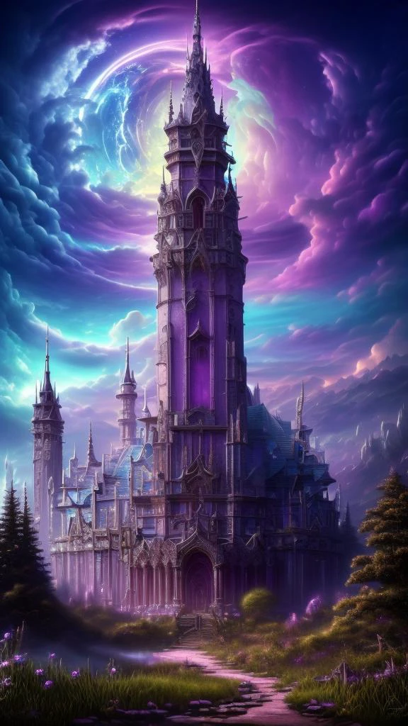 Gothic style, 
neonpunk style, 
ethereal fantasy concept art of  
Masterwork Painting, Magnum Opus, 
 witow, castle, cloud, cloudy sky, grass, no humans, scenery, sky, tower, tree, fanmou, footprints, forest, grass, nature, no humans, outdoors, sky, tree,
  highres, 8k, uhd, High Dynamic Range, tonemapping, crisp details,  intricate details, fine details,
. magnificent, celestial, ethereal, painterly, epic, majestic, magical, fantasy art, cover art, dreamy,
. cyberpunk, vaporwave, neon, vibes, vibrant, stunningly beautiful, crisp, detailed, sleek, ultramodern, magenta highlights, dark purple shadows, high contrast, cinematic, ultra detailed, intricate, professional,
. Dark, mysterious, haunting, dramatic, ornate, detailed