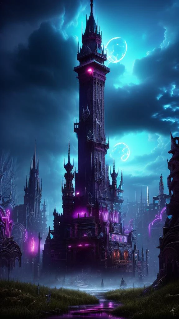 Neon noir, 
Gothic style, 
Masterwork Painting, Magnum Opus, 
 witow, castle, cloud, cloudy sky, grass, no humans, scenery, sky, tower, tree, 
fanmou, footprints, forest, grass, nature, no humans, outdoors, sky ,
  highres, 8k, uhd, High Dynamic Range, tonemapping, crisp details,  intricate details, fine details,
. Dark, mysterious, haunting, dramatic, ornate, detailed,
. Cyberpunk, dark, rainy streets, neon signs, high contrast, low light, vibrant, highly detailed