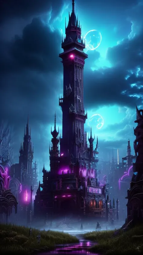 Neon noir, 
Gothic style, 
Masterwork Painting, Magnum Opus, 
 <lora:Wizard_Tower:0.75> witow, castle, cloud, cloudy sky, grass,...