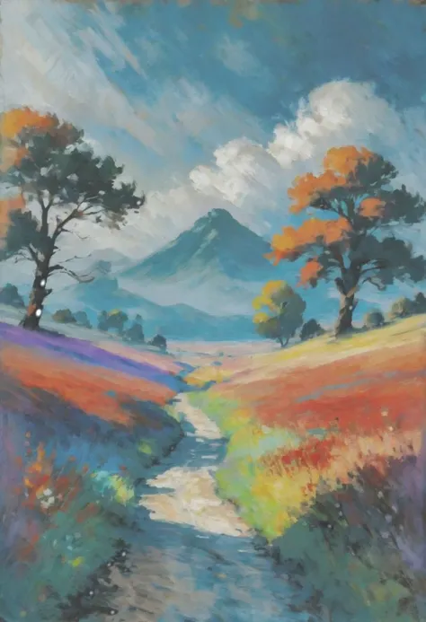 oil painting, photoshop rough oil brush set, noon,  scenery, in a  Wanderer's Trail, vibrant color scheme<lora:rough-oil-sat-meg...