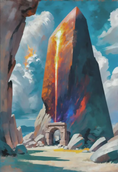 oil painting, photoshop thick realistic oil brush set, noon,  architecture, "at the Blazing shattered Megalith", vibrant color s...