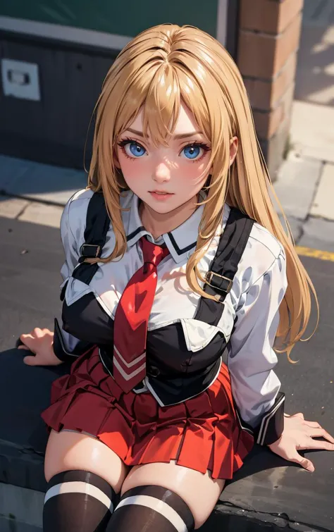 ((masterpiece, best quality)), insaneres, absurdres, solo, outdoors,
CLOTHING_BibleBlack_SchoolDress_ownwaifu, 
1girl, blonde hair,  long hair, blue eyes, 
black vest, red skirt, white shirt, collared shirt, suspenders, school uniform, black thighhighs, zettai ryouiki, necktie, long sleeves, pleated skirt, red necktie, 
(from above, sitting)<lora:CLOTHING_BibleBlack_SchoolDress_ownwaifu:0.9>,
lens flare, depth of field, bokeh, embers, vanishing point, looking at viewer,