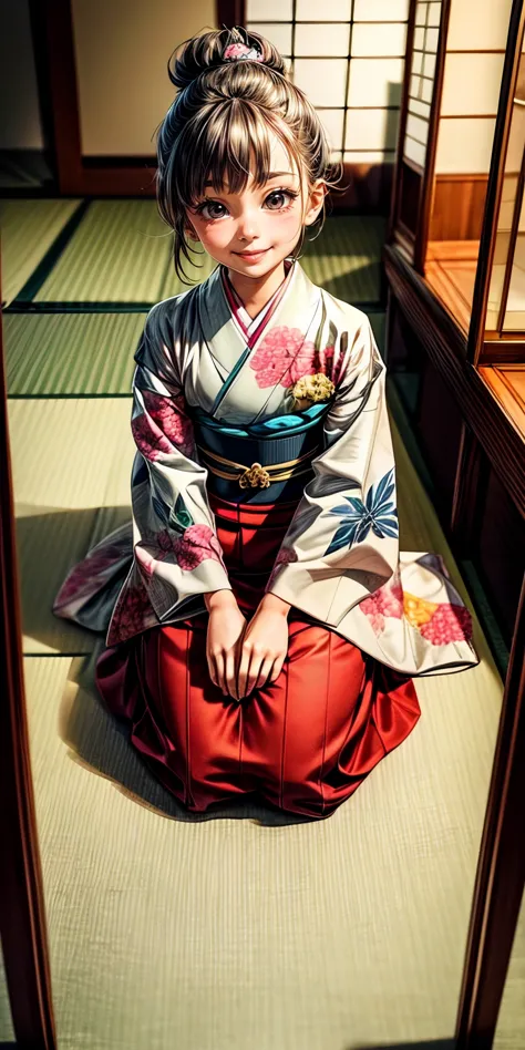 arafed woman in a kimono sitting on the floor in a room