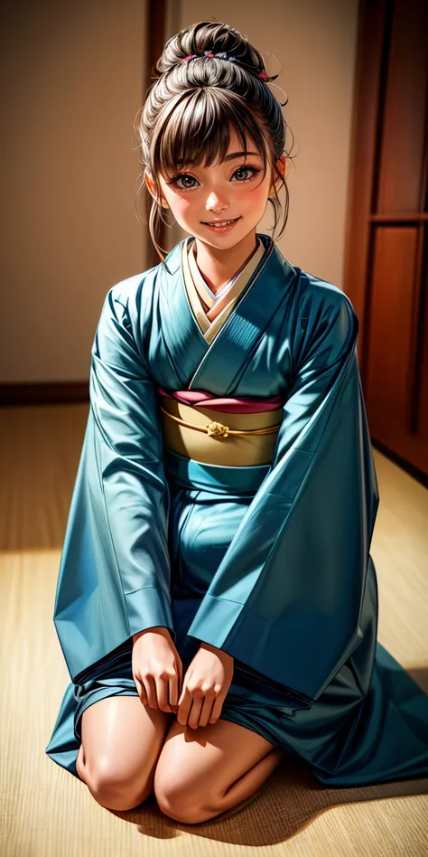 arafed asian woman in blue kimono sitting on the floor