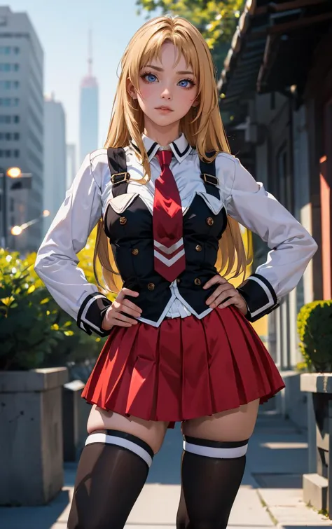 ((masterpiece, best quality)), insaneres, absurdres, solo, outdoors,
CLOTHING_BibleBlack_SchoolDress_ownwaifu, 
1girl, blonde hair,  long hair, blue eyes, 
black vest, red skirt, white shirt, collared shirt, suspenders, school uniform, black thighhighs, zettai ryouiki, necktie, long sleeves, pleated skirt, red necktie, 
(contrapposto, hand on hip)<lora:CLOTHING_BibleBlack_SchoolDress_ownwaifu:1>,
lens flare, depth of field, bokeh, embers, vanishing point, looking at viewer,