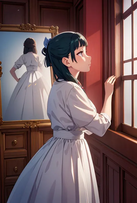 anime girl looking out a window at her reflection in a mirror