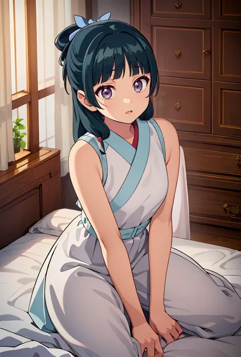 anime girl sitting on a bed with a white dress on