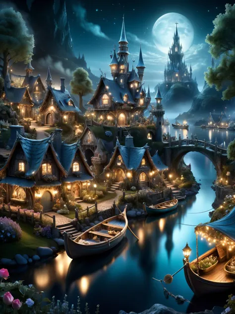 ราล-โครเมียม, A whimsical scene of a ราล-โครเมียม fairy village at night, มีนิสัยเล็กๆ น้อยๆ, เรือประมง, ประภาคาร, บ้าน, สะพาน, and gardens all ซับซ้อนly detailed in ral-glacial textures, ควันจากปล่องไฟ, อาคารที่มีแสงไฟมืดมน, บรรยากาศ, พลวัต, โรงภาพยนตร์, ผลงานชิ้นเอก, ซับซ้อน, เอชดีอาร์. 