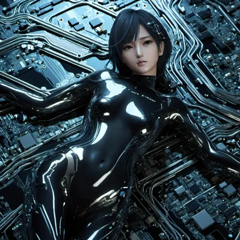 a close up of a woman in a black latex suit laying on a circuit