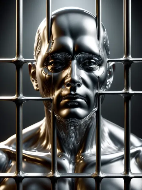 a close up of a silver statue behind bars in a cage