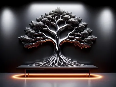 a large metal tree sculpture on a table in a dark room