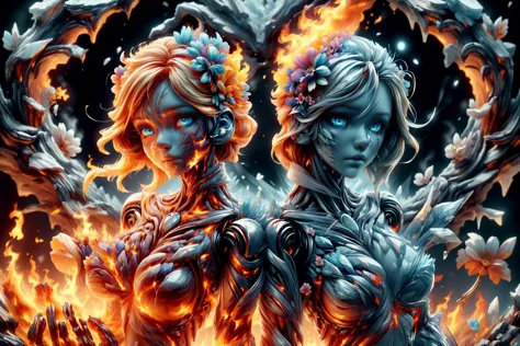 (((covered in flowers))),(1girl),blue eyes,night sky,robot joints,(raw flesh:1.3),[hair bow:2],[forest:3],[fog:3],[blonde hair:3] faize,fire and ice   (image split in half with multiple colours),((cogs attached to body:1.1)) ,gold plates,blue eyes,sapphire,liquid metal,night sky  (looking at an angle:1.3),(fire and ice)   ((ral-chrome))