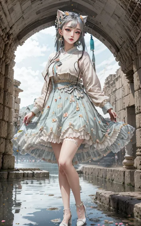 nikon RAW photo,8k,Fujifilm XT3,masterpiece,best quality,realistic,photorealistic,ultra detailed,extremely detailed face,cinematic lighting,ancient,palace, gril,1girl,solo,full body, earrings, edium breasts, dynamic pose,happy,Surrounded by flowers,(flower:1.2), petals, Rich details,high heels, smile, closed mouth,
gainsboro long double bun,
darkslategray CNS_DRESS,
