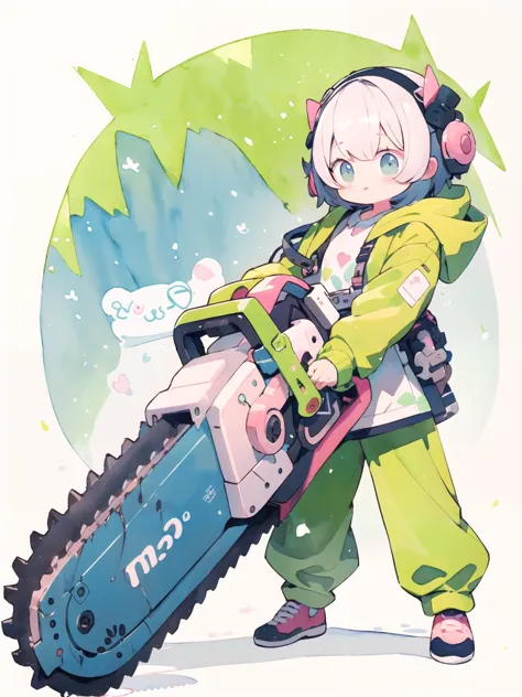 (pastel color:1.3),(cute illustration:1.3),(watercolor:1.1),(kawaii, cute, sweet:1.2),full body,dynamic pose,
oversized hooded jacket, 
holding huge mechanical chainsaw,
