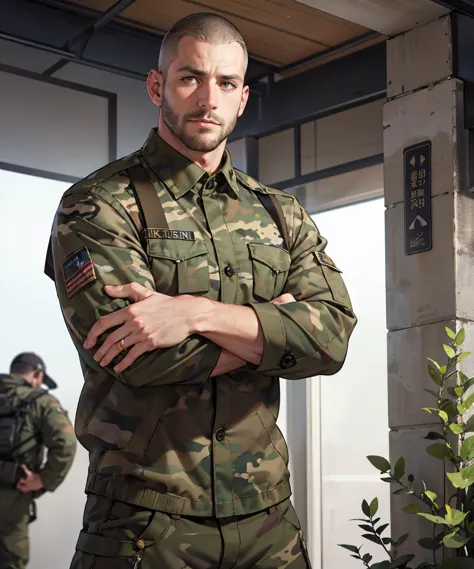 arafed soldier in camouflage standing with arms crossed in front of a group of soldiers