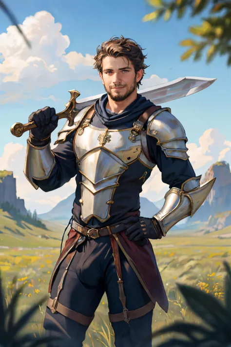 a man in armor holding a sword in a field