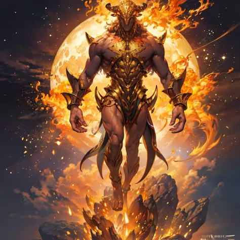 a man with a fire on his head standing in front of a full moon