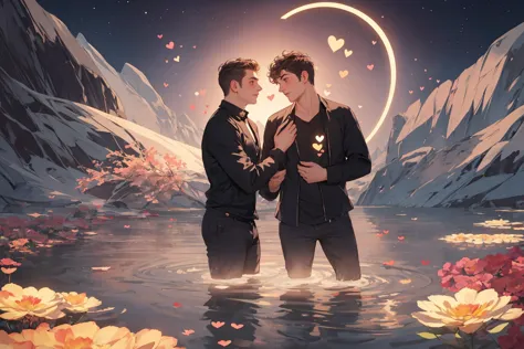 gay couple standing in the glowing water, heart, love, heart emoji everywhere, valentine, night, star with heart shape, man, masterpiece,  valentine abstract background, flower on the lower background, surreal