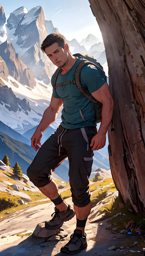 ASCIImale, young, slim, hiker, hiking clothes, hiking mountain, tired, sweaty, EasyMasterpiece, dramatic lighting, soft lighting, morning, highly detailed, realistic, photorealistic,