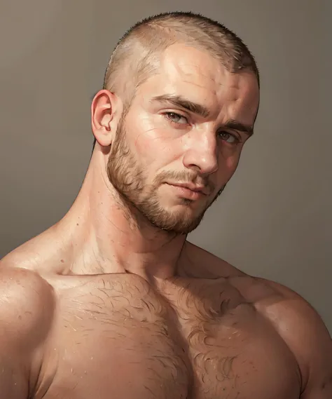 a close up of a man with a shaved head and no shirt