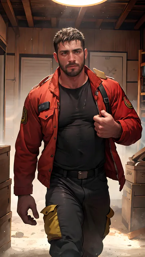 ASCIImale, hairy, young, fit, fireman, fireman clothes, opened jacket, dust, sweat, bruised, EasyMasterpiece, dramatic lighting, soft lighting, morning, highly detailed, realistic, photorealistic,