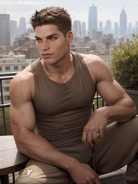 <lora:piers_v2:1> solo man, soldier, piers, tanktop, sweatpants, realistic, patio, looking away, coffee, moles,