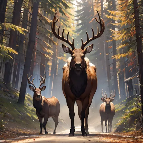 three deers walking down a road in a forest with trees