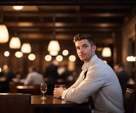 wide angle, guy at table booth,soft smile
dark low lit , clutter,
date night, elegant restaurant,
crowded,
((dimly lit, low lit, deep focus, snapchat)),
bad quality , grainy jpg , blurred, motionblur, ugly,