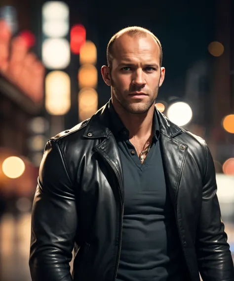 a close up of a man in a leather jacket standing on a street